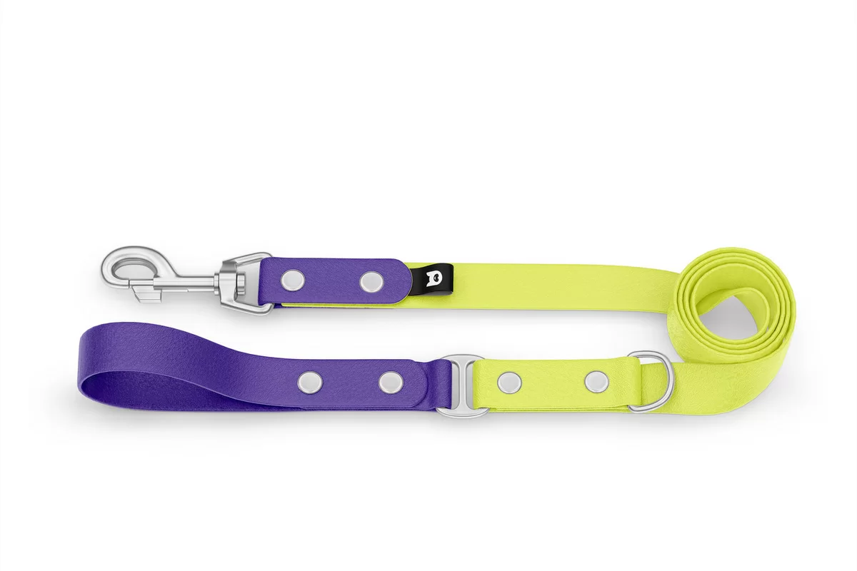 Vodítko pro psa Duo - fialové / neonově žluté se stříbrnými komponenty
