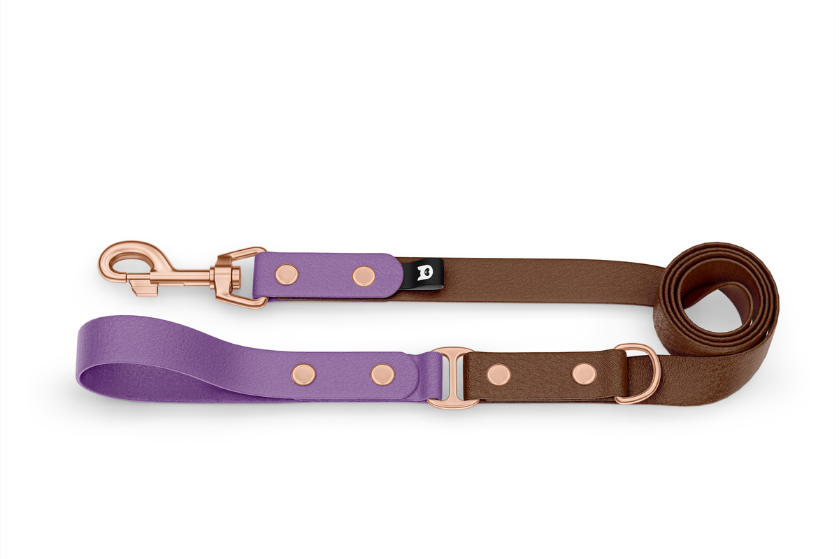 Vodítko pro psa Duo - purpurové / tmavě hnědé s růžově zlatými komponenty