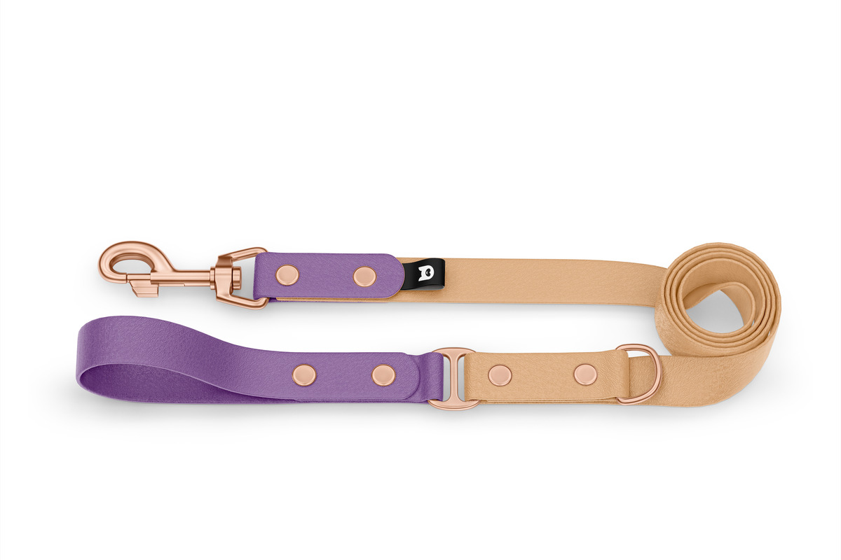 Vodítko pro psa Duo - purpurové / světle hnědé s růžově zlatými komponenty