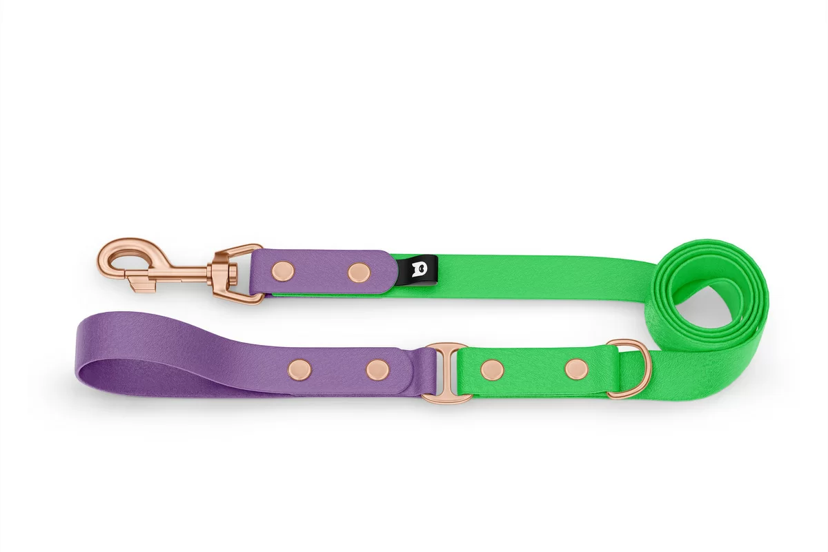 Vodítko pro psa Duo - purpurové / neonově zelené s růžově zlatými komponenty
