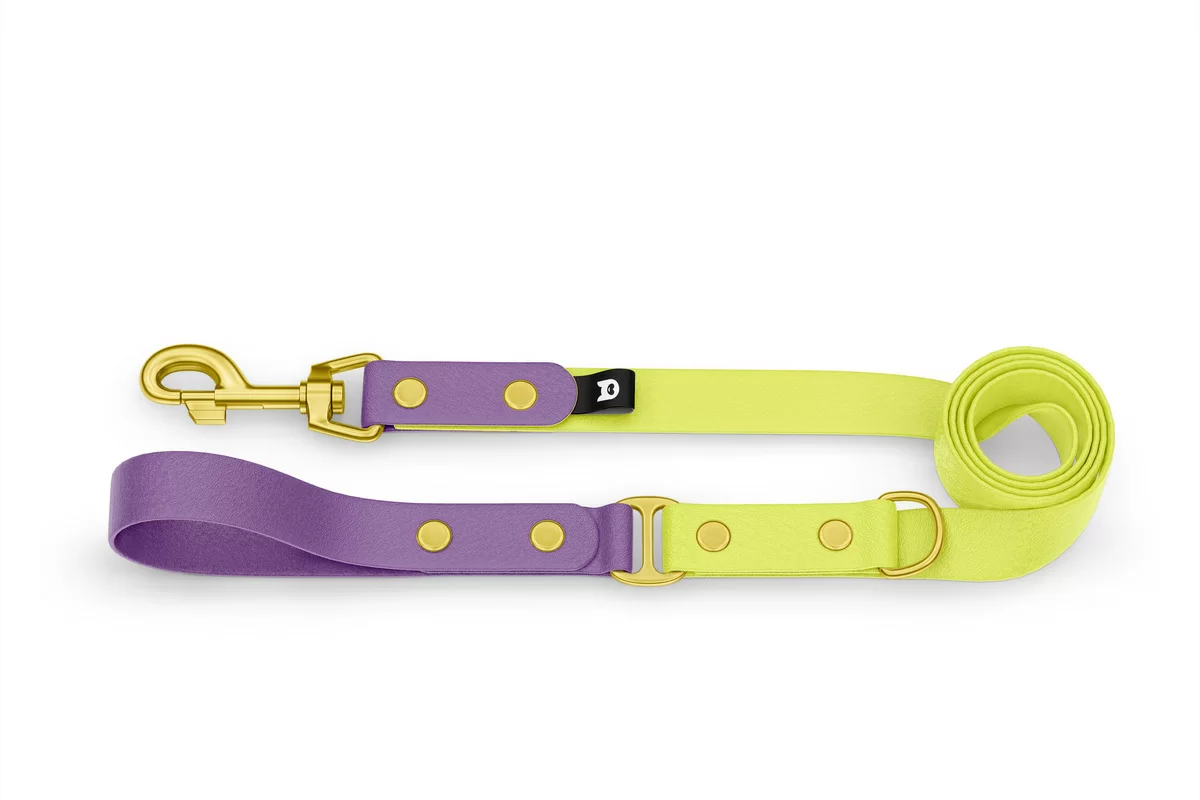 Vodítko pro psa Duo - purpurové / neonově žluté se zlatými komponenty