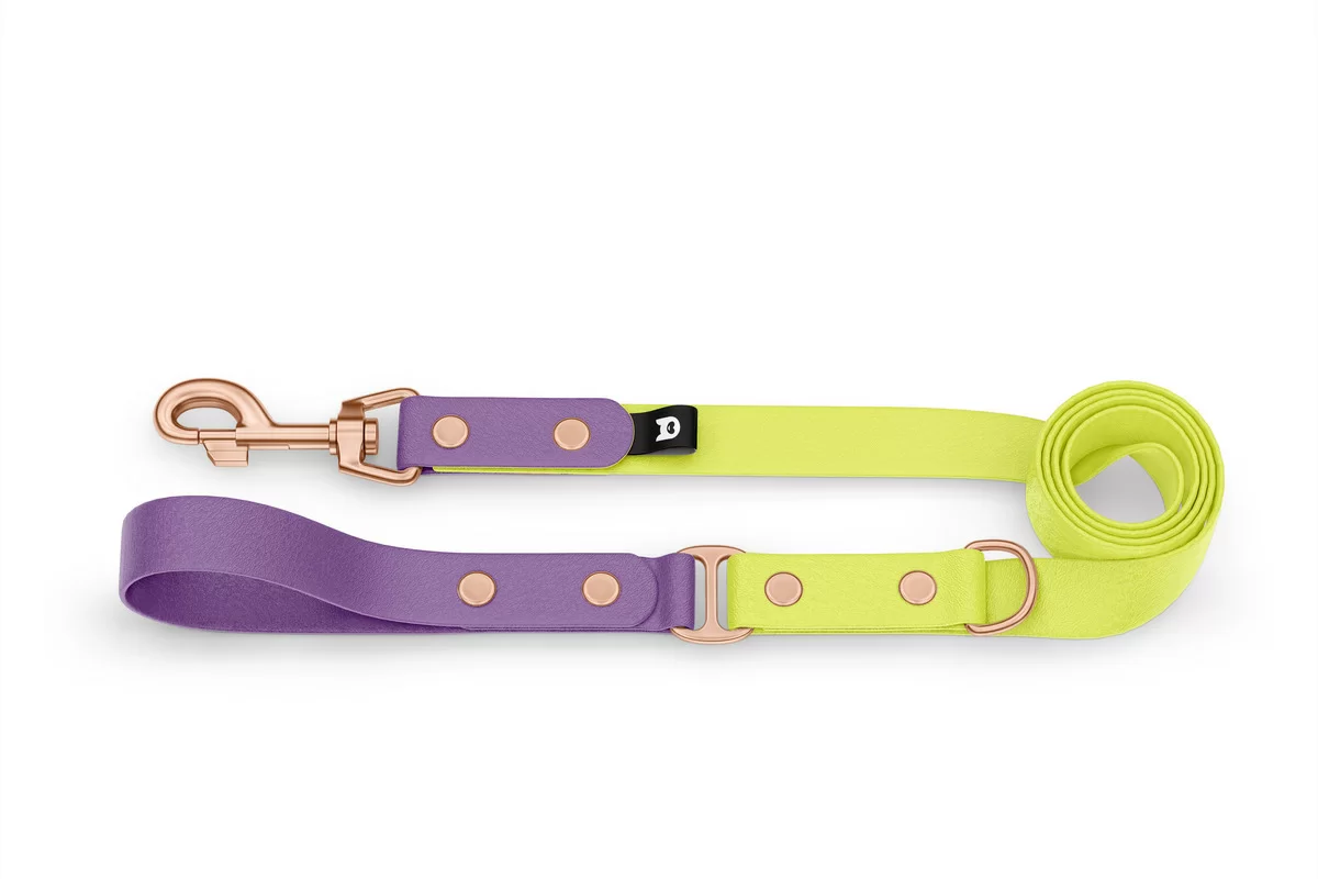 Vodítko pro psa Duo - purpurové / neonově žluté s růžově zlatými komponenty