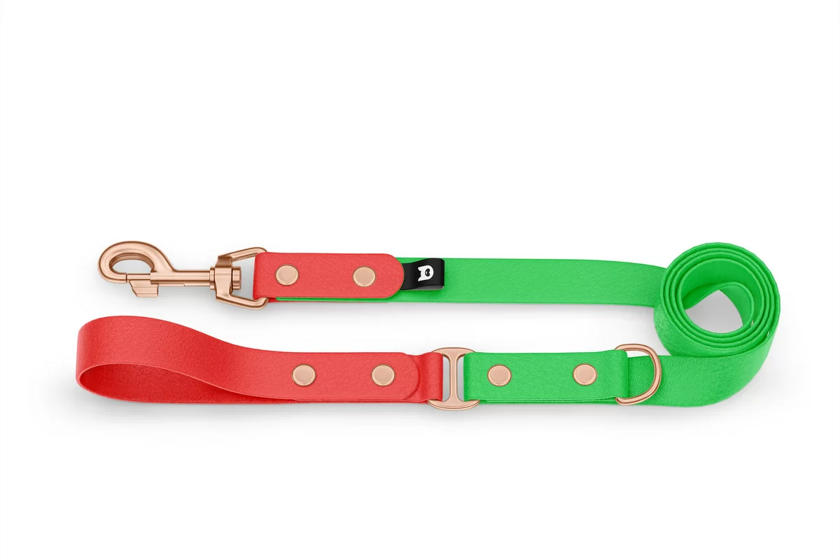Vodítko pro psa Duo - červené / neonově zelené s růžově zlatými komponenty