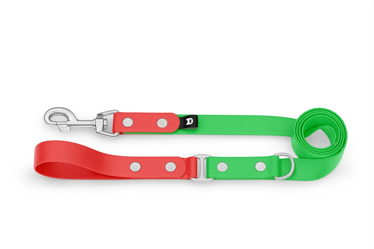 Vodítko pro psa Duo - červené / neonově zelené se stříbrnými komponenty