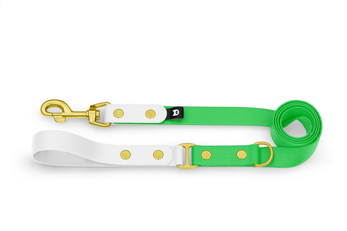 Vodítko pro psa Duo - bílé / neonově zelené se zlatými komponenty