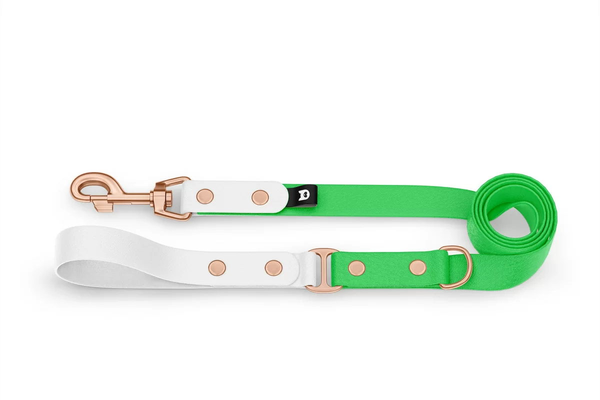 Vodítko pro psa Duo - bílé / neonově zelené s růžově zlatými komponenty