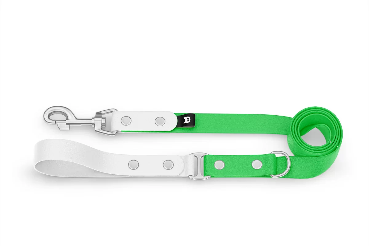 Vodítko pro psa Duo - bílé / neonově zelené se stříbrnými komponenty