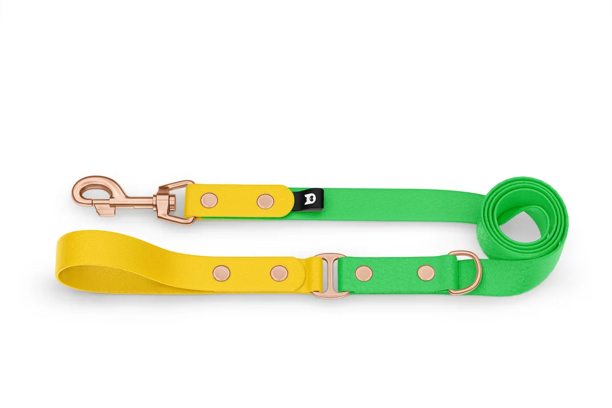 Vodítko pro psa Duo - žluté / neonově zelené s růžově zlatými komponenty